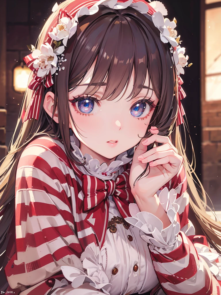 A girl sitting holding a candy cane, detailed portrait, beautiful detailed eyes, beautiful detailed lips, extremely detailed face, long eyelashes, intricate details, photorealistic, highly detailed, 8k, hyperrealistic, cinematic lighting, warm color tones, studio lighting, masterpiece, digital art