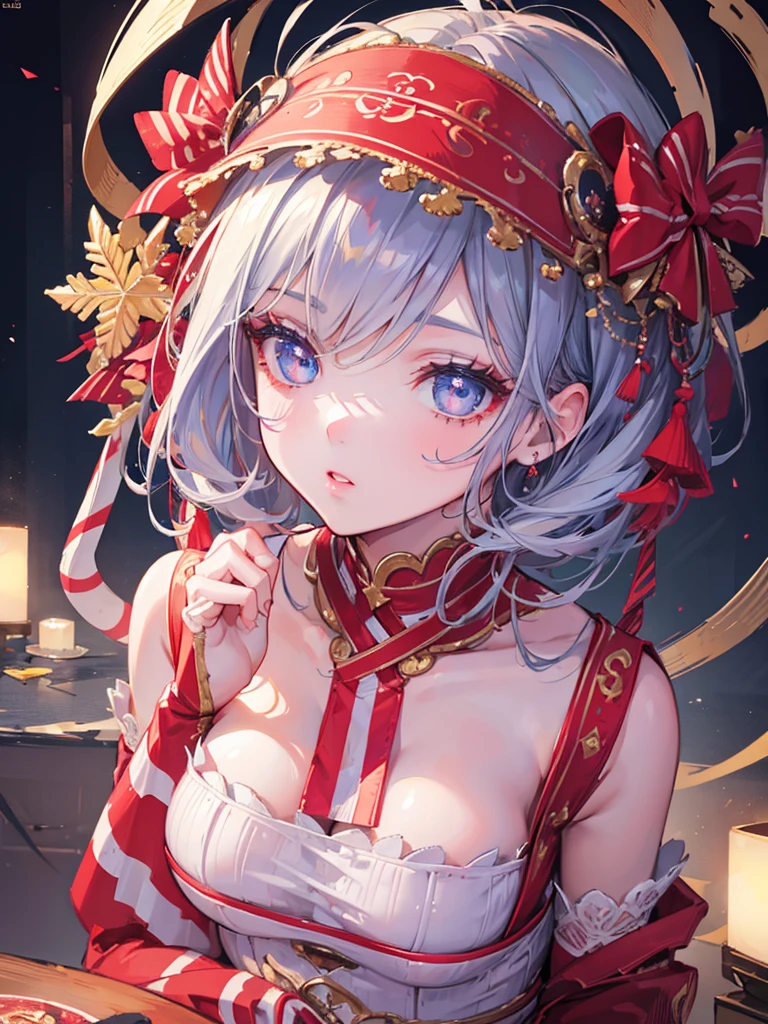 A girl sitting holding a candy cane, detailed portrait, beautiful detailed eyes, beautiful detailed lips, extremely detailed face, long eyelashes, intricate details, photorealistic, highly detailed, 8k, hyperrealistic, cinematic lighting, warm color tones, studio lighting, masterpiece, digital art