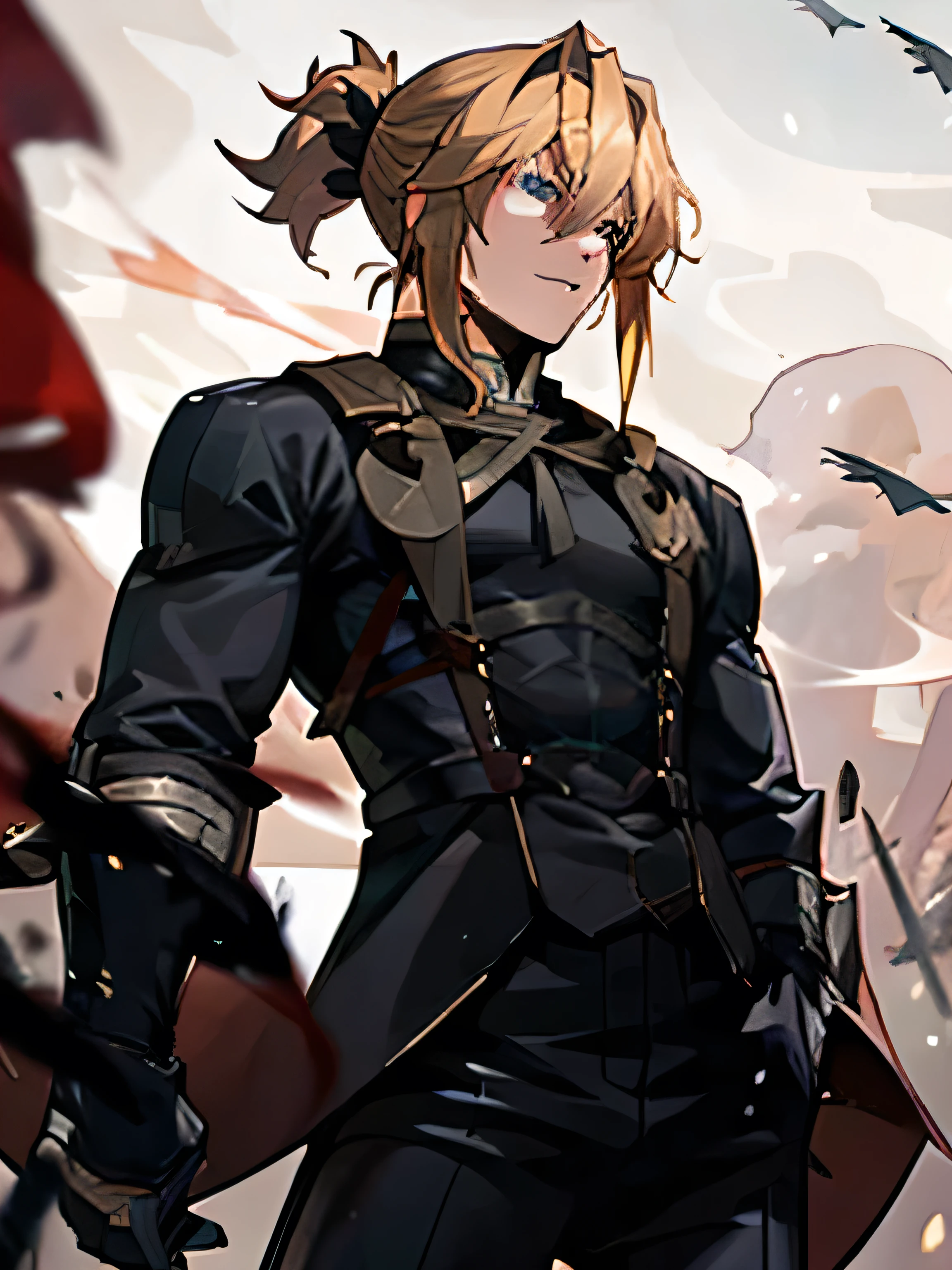 anime attractive man, muscular, knight, 20 year old, blond hair in a very, very short ponytail, black pants, black vampire hunter outfit, red aura