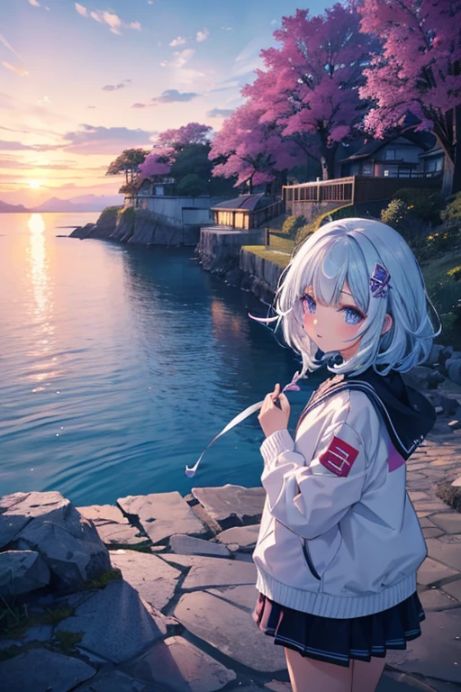 master part, top-notch quality, 4K Ultra HD, apresentando Gawr Gura de Hololive, in a white varsity jacket, posar para uma foto. Arte inspirada no estilo de Guweiz, arte de anime digital detalhada, flawless artwork, in a city with beautiful trees, with a purple early morning sky with beautiful clouds, in a place overlooking the sea with children playing in the background and flying kites
