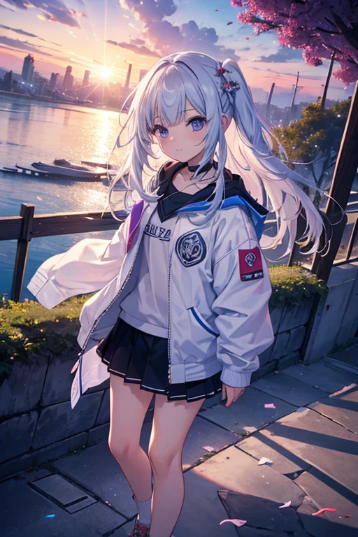 master part, top-notch quality, 4K Ultra HD, apresentando Gawr Gura de Hololive, in a white varsity jacket, posar para uma foto. Arte inspirada no estilo de Guweiz, arte de anime digital detalhada, flawless artwork, in a city with beautiful trees, with a purple early morning sky with beautiful clouds, in a place overlooking the sea with children playing in the background and flying kites