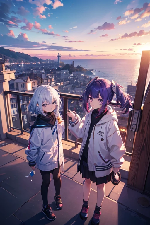 master part, top-notch quality, 4K Ultra HD, apresentando Gawr Gura de Hololive, in a white varsity jacket, posar para uma foto. Arte inspirada no estilo de Guweiz, arte de anime digital detalhada, flawless artwork, in a city with beautiful trees, with a purple early morning sky with beautiful clouds, in a place overlooking the sea with children playing in the background and flying kites