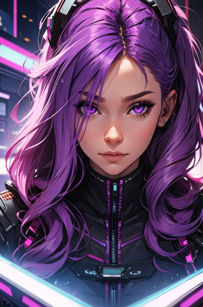 amazing purple hair, female cyberpunk character scientist, portrait, face shot, close-up