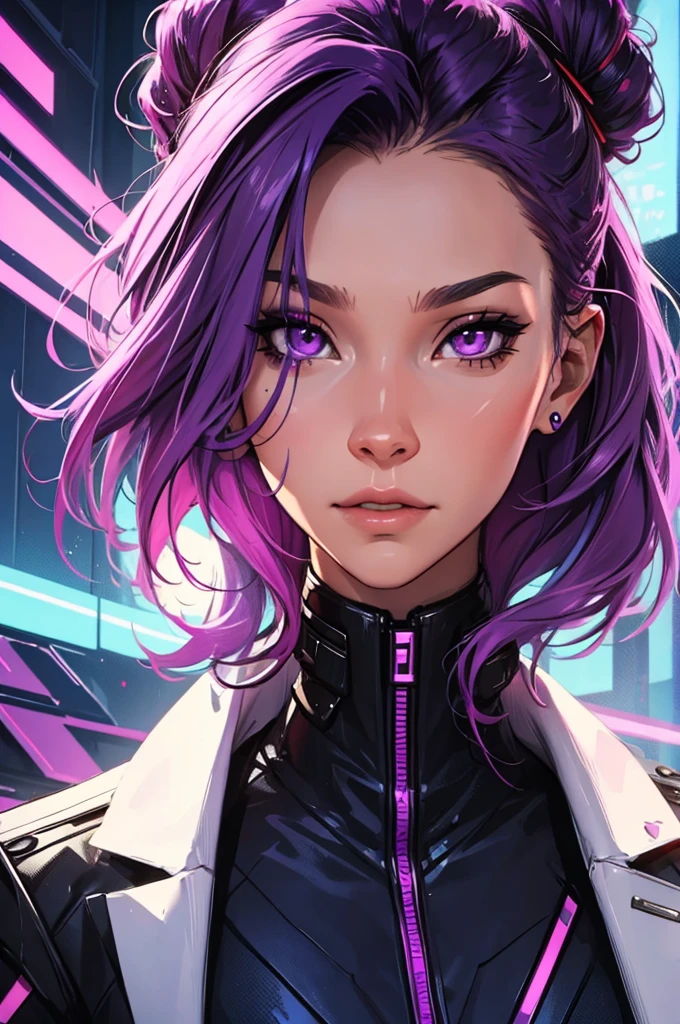 amazing purple hair, female cyberpunk character scientist, portrait, face shot, close-up