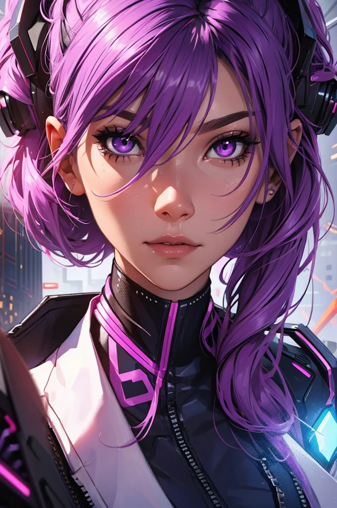 amazing purple hair, female cyberpunk character scientist, portrait, face shot, close-up