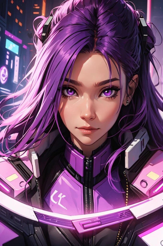 amazing purple hair, female cyberpunk character scientist, portrait, face shot, close-up