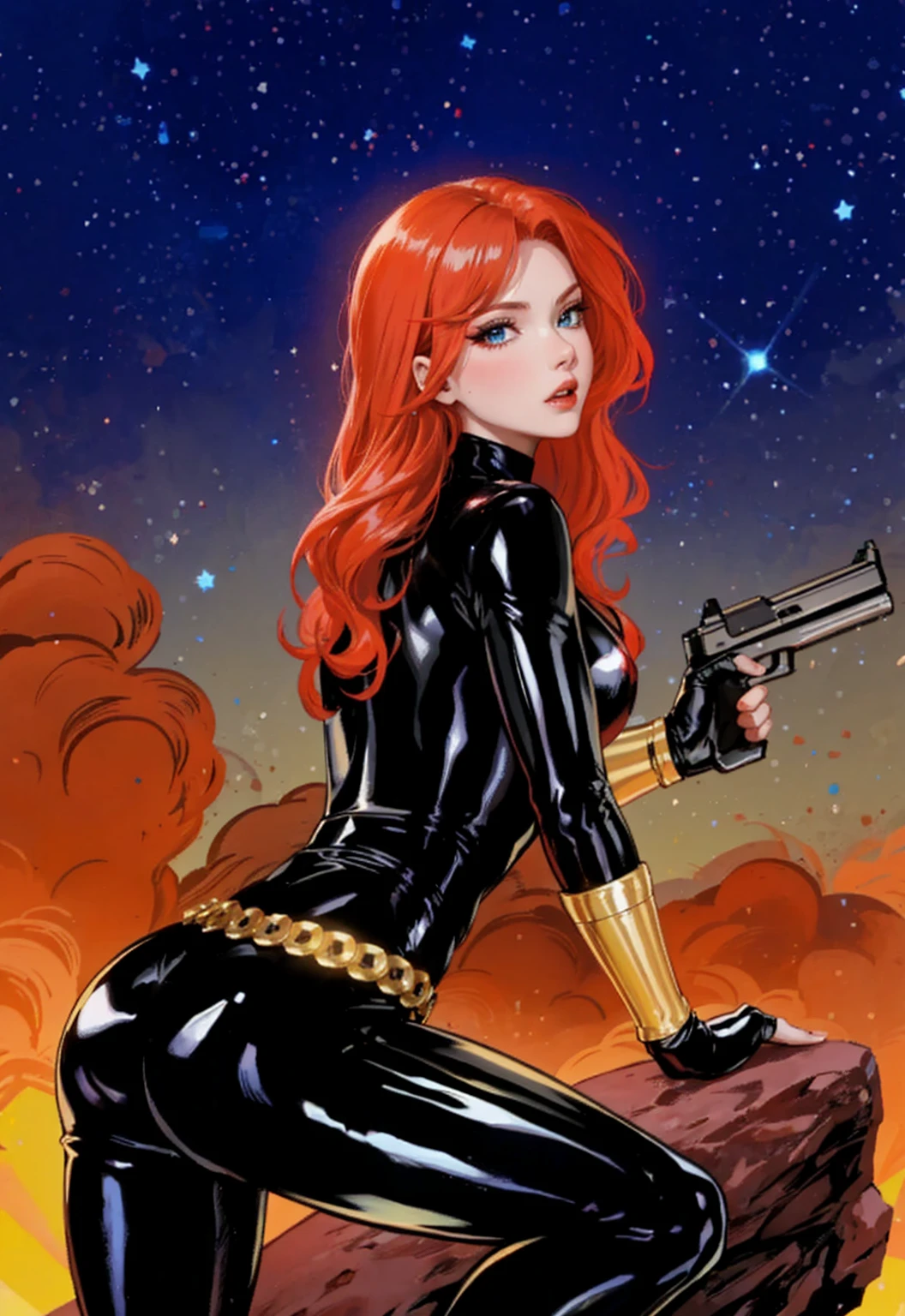 Black Widow, is known from the Marvel series. She's depicted with red hair and blue eyes, dressed in a sleek skin-tight shiny black latex bodysuit with a belt made of golden circles. She's holding a gun in her left hand, and she's in a crouching pose on a rock. The background features a bold red sky with white stars. The character appears ready for action.