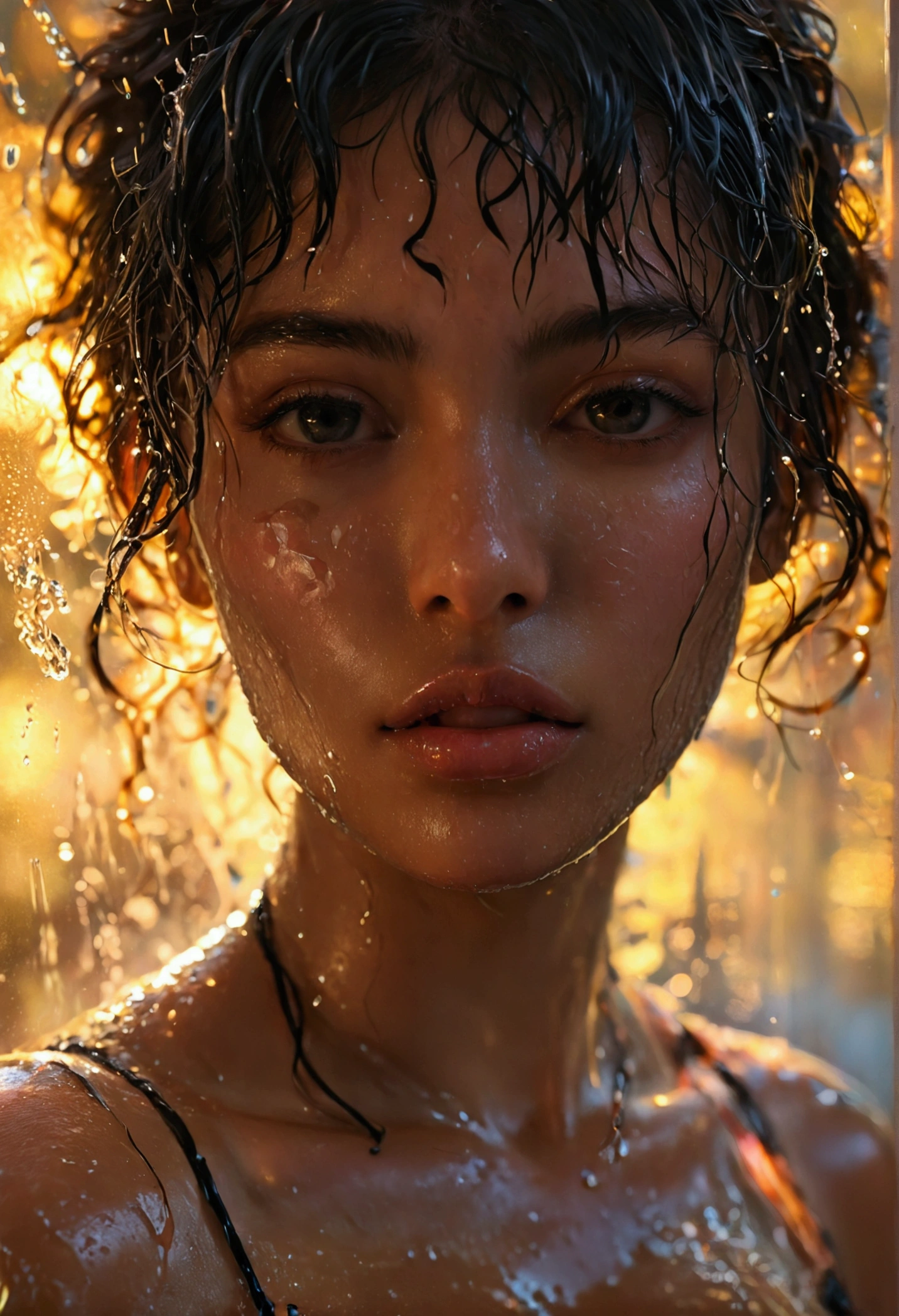 (masterpiece, beautiful, highres),1girl,hot,Big Tits,black body wear,wet,stimulating