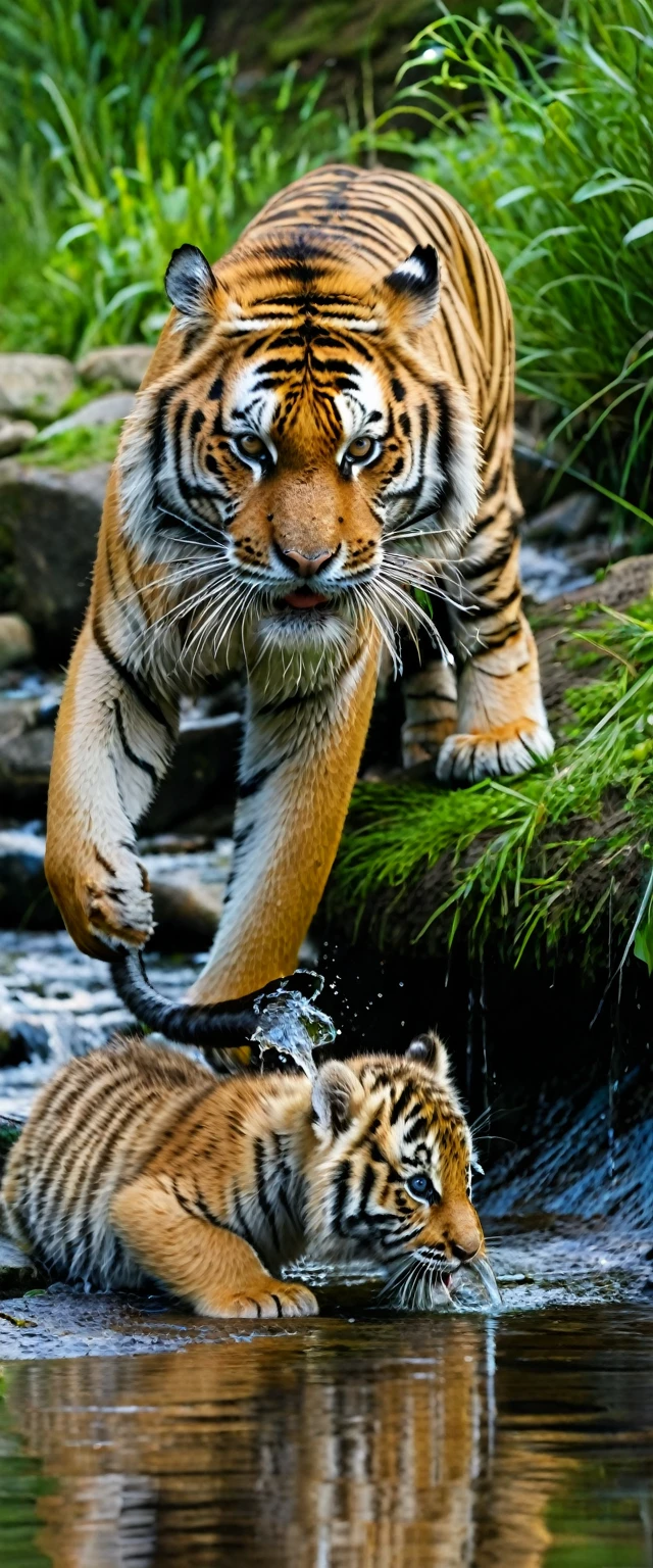 A Siberian tiger drinking water from a stream with its cub
