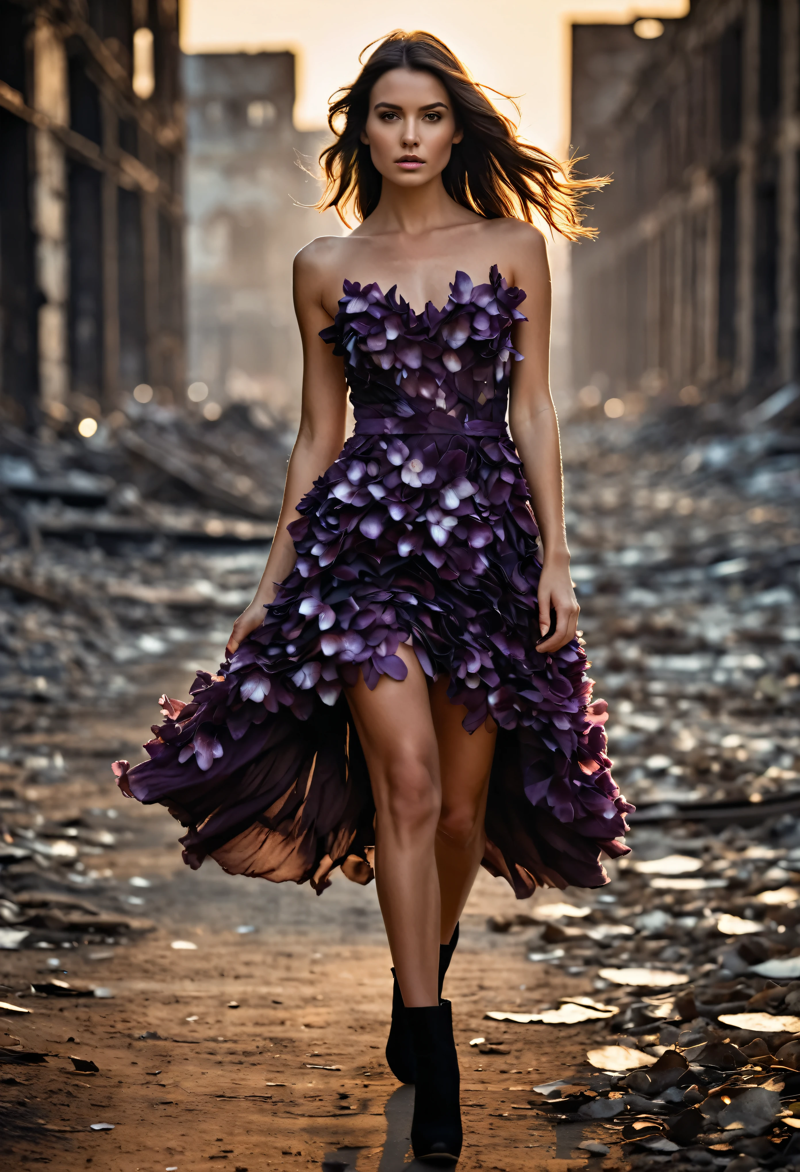 A cinematic photo of a brunette fashion model wearing a magical lilal flower petal-made dress, as she strides confidently through a desolate, dark post-apocalyptic cityscape, capturing the stark juxtaposition of beauty and decay, with the model's flawless skin glowing like a beacon of hope amidst the ravaged urban landscape. photographed with a shallow depth of field to blur the bleak surroundings, emphasizing her striking, rebellious pose. full body, golden hour.