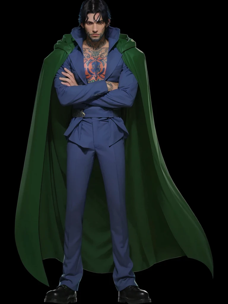 A man with a green cape on his back, with blue clothing set, with tattoo on face, Bblack hair