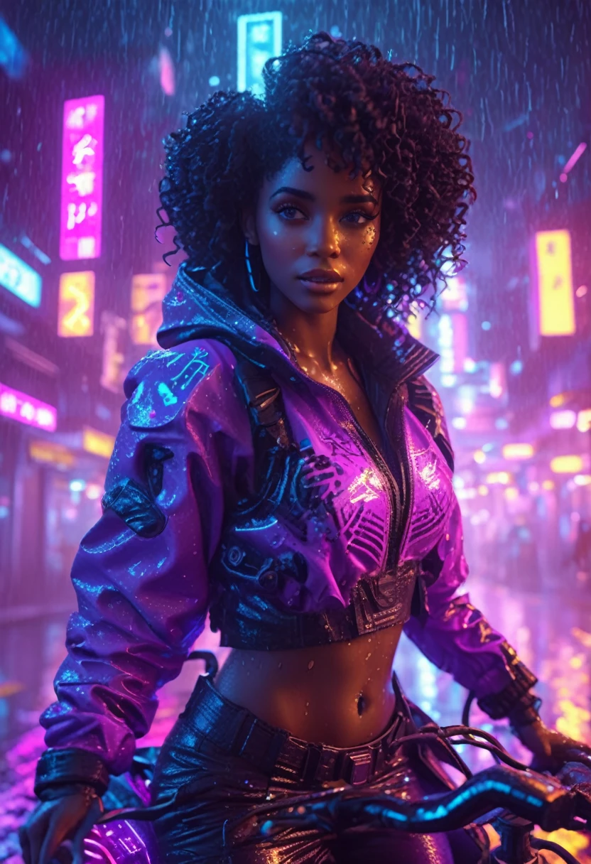 Beautiful black woman with curly hair and african designed neon lit futuristic clothes, riding a hover bike in the streets of a neon lit cyberpunk city, night time with rain pouring,  32k, ultra HD, unreal engine rendered, cinematic lighting 