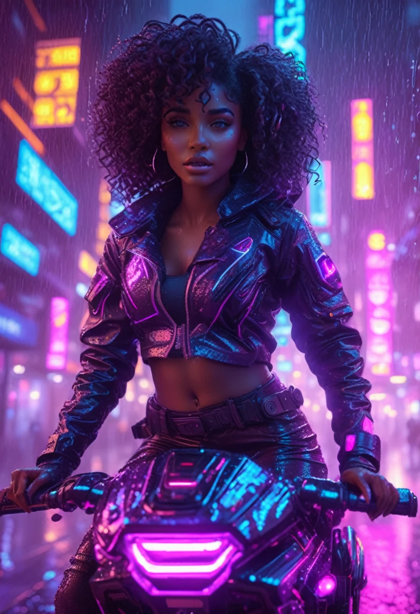 Beautiful black woman with curly hair and african designed neon lit futuristic clothes, riding a hover bike in the streets of a neon lit cyberpunk city, night time with rain pouring,  32k, ultra HD, unreal engine rendered, cinematic lighting 