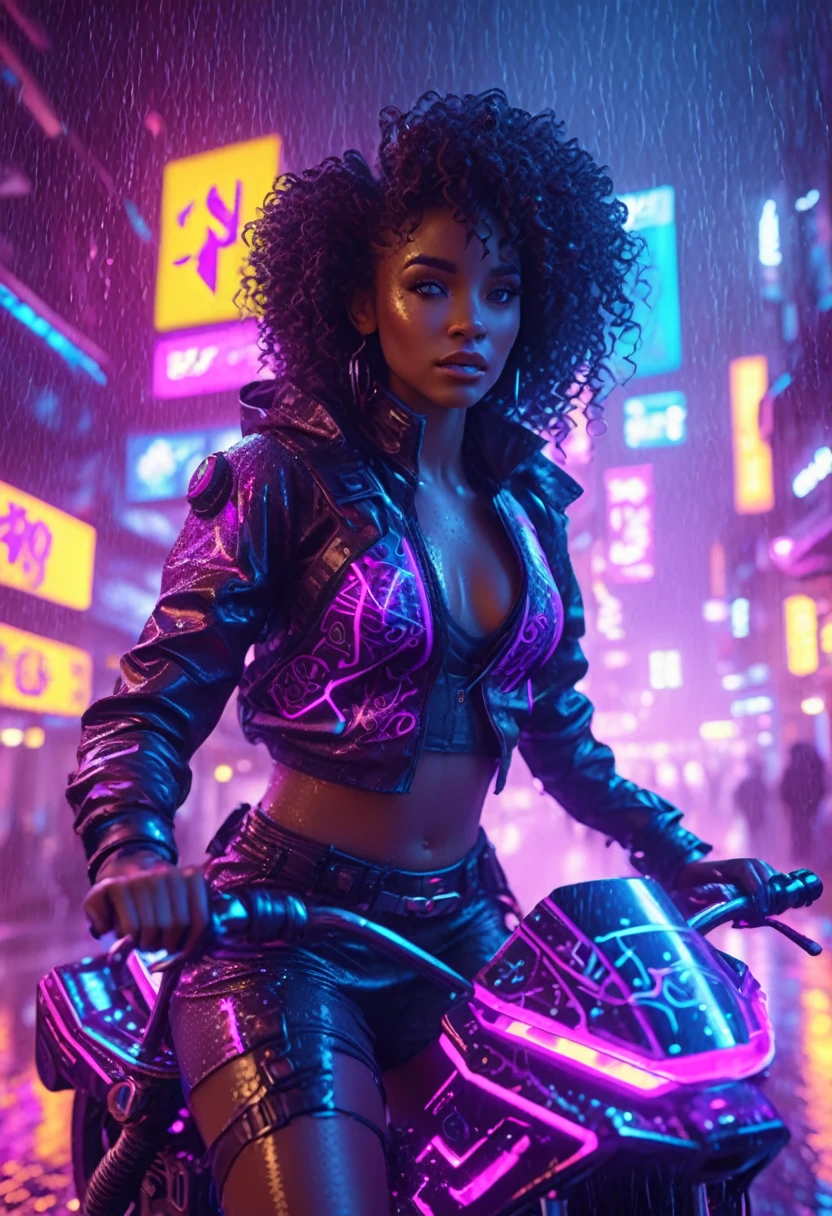 Beautiful black woman with curly hair and african designed neon lit futuristic clothes, riding a hover bike in the streets of a neon lit cyberpunk city, night time with rain pouring,  32k, ultra HD, unreal engine rendered, cinematic lighting 