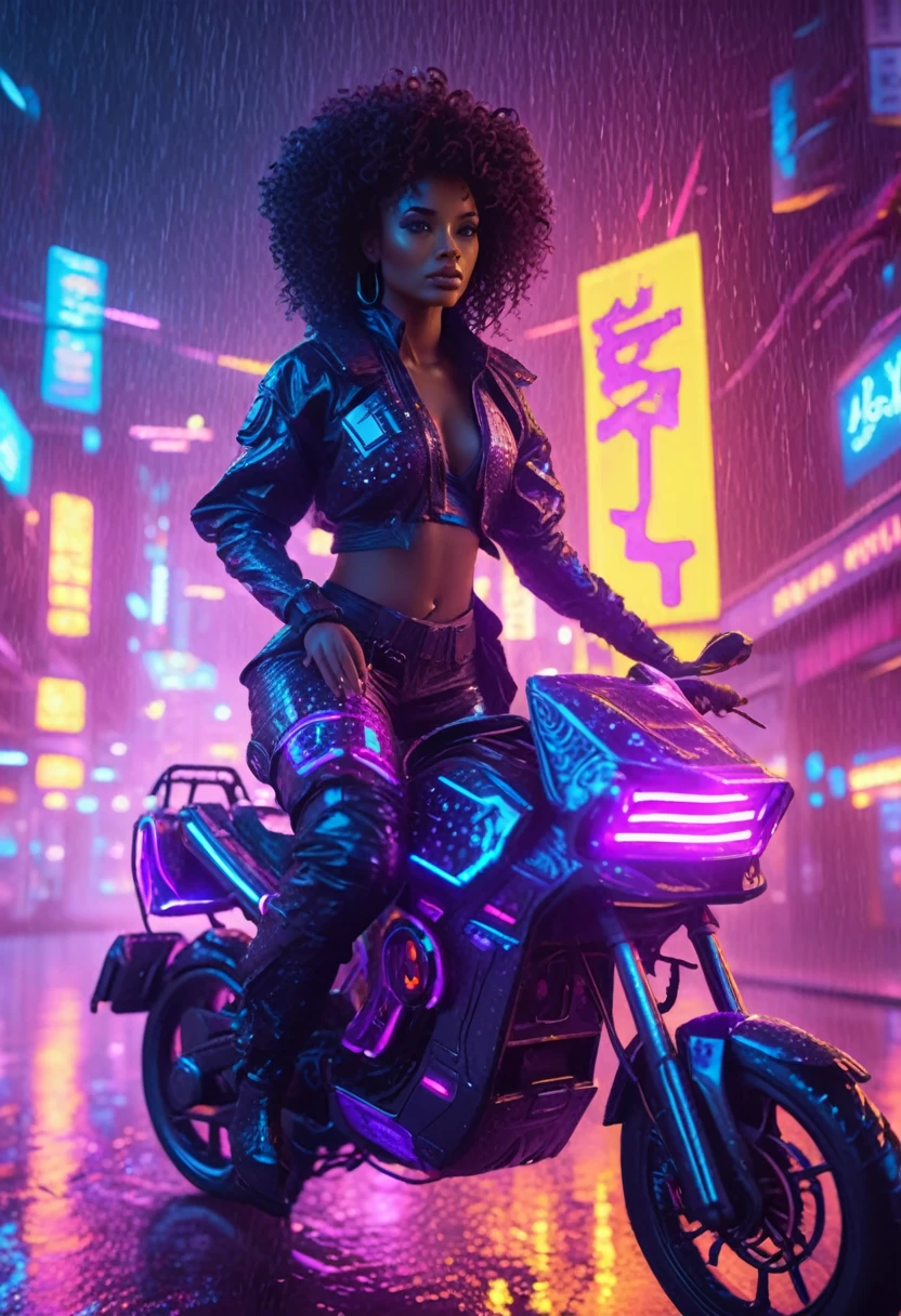 Beautiful black woman with curly hair and african designed neon lit futuristic clothes, riding a hover bike in the streets of a neon lit cyberpunk city, night time with rain pouring,  32k, ultra HD, unreal engine rendered, cinematic lighting 