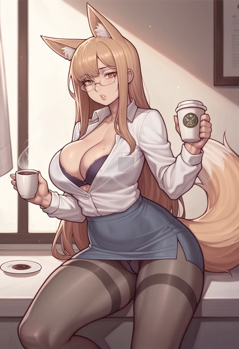 _asura style, 1girl, breasts, animal_ears, tail, solo, large_breasts, mole_on_breast, long_hair, brown_hair, pantyhose, mole, glasses, shirt, cleavage, underwear, fox_ears, fox_tail, coffee, cup, white_shirt, thighband_pantyhose, bra, animal_ear_fluff, bangs, long_sleeves, collared_shirt, holding, fox_girl, black_pantyhose, panties