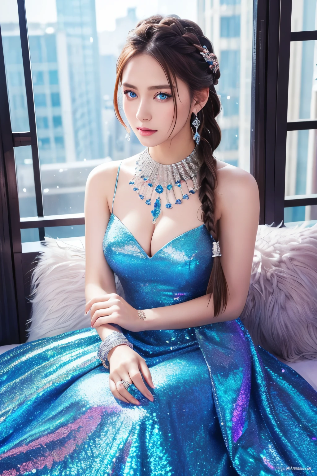 Ultra HD、High resolution、distinct、Woman warrior、Glittering ornaments、Colorful and gorgeous jewelry、Beautiful blue eyes、Silver Dress、A dress covered in jewels、Beautiful braided hair、