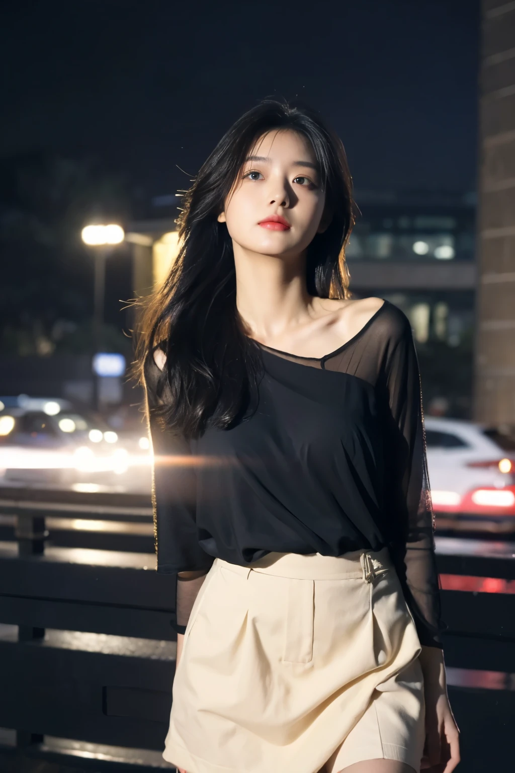 Draw a girl standing by the house night scene seeing the street view，Japanese girl serious、頭上には 💬 吹き出しが浮いている。cartoon style。Random pose， Mix 4，（8k， original photo， best quality， masterpiece：1.2）， （realistically， Shoot real：1.37）， 1 girl， Cute， Overlooking the city， night， rain， moisture， professional lighting， Photon Mapping， radio city， Physically based rendering， Gradient black hair， ， White hair， long hair， Handsome， Daughter， Short skirt，Sexy legs， high quality images， High resolution， 1080P， （Clear face）， （Detailed facial description）， （Detailed hand description）， （masterpiece）， （Exquisite CG）， Ultimate light and shadow，messy hair，works of masters，Rich details，（Exquisite facial features），（highest quality pictures），（masterpiece），（delicate eyes），looking ahead with eyes，Fine clavicle