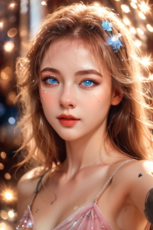A mystical and ethereal scene with stars, flowers, nature, falling rain, etc. all composed of light and luminance, (highest quality, 4k,8k, high resolution, masterpiece:1.2), (extreme upper body close-up angle), very detailed (realistic) , realistic, realistic):1.37),cinematic lighting,dramatic atmospheric lighting,vivid colors,fantasy,surreal,luminous,dreamlike,ethereal,magical,intricate details,lush vegetation,tranquil,delicate,intricate,elegant,soft focus ,movie-like, dramatic, wonderful composition