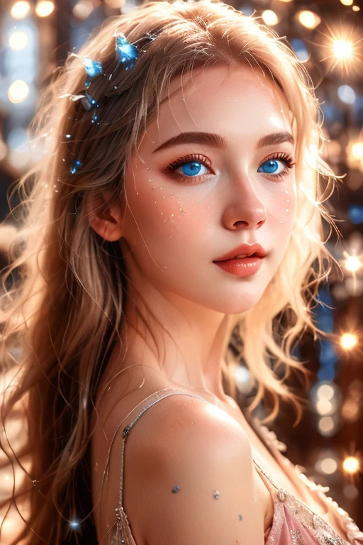 A mystical and ethereal scene with stars, flowers, nature, falling rain, etc. all composed of light and luminance, (highest quality, 4k,8k, high resolution, masterpiece:1.2), (extreme upper body close-up angle), very detailed (realistic) , realistic, realistic):1.37),cinematic lighting,dramatic atmospheric lighting,vivid colors,fantasy,surreal,luminous,dreamlike,ethereal,magical,intricate details,lush vegetation,tranquil,delicate,intricate,elegant,soft focus ,movie-like, dramatic, wonderful composition