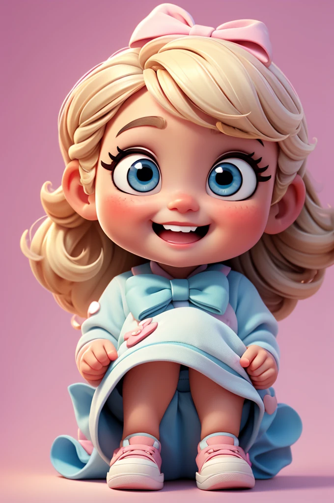 cute baby chibi girl blonde hair, bow in head, white and pink background, smiling happy, blue eyes, big eleyelash, rosy cheeks, blue shoes
