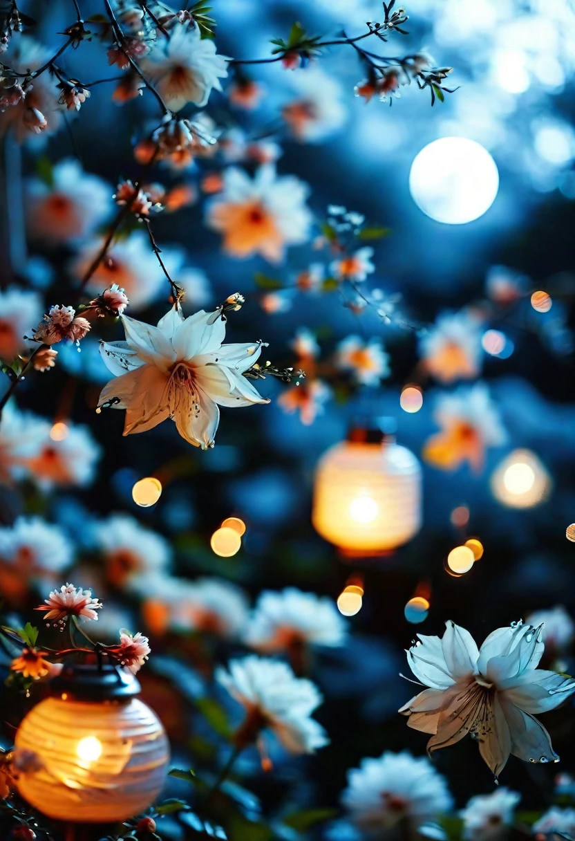 Bathed in the ethereal glow of lunar lantern light, a serene scene unfolds: a peaceful garden illuminated by the soft, silver rays of a full moon. Delicate blossoms sway in the gentle night breeze, their petals catching the enchanting light. The image, a stunning photograph capturing the beauty of the night, portrays a sense of tranquility and mystery. The clarity and composition of the shot are truly exceptional, offering viewers a mesmerizing glimpse into a world of nighttime wonder.