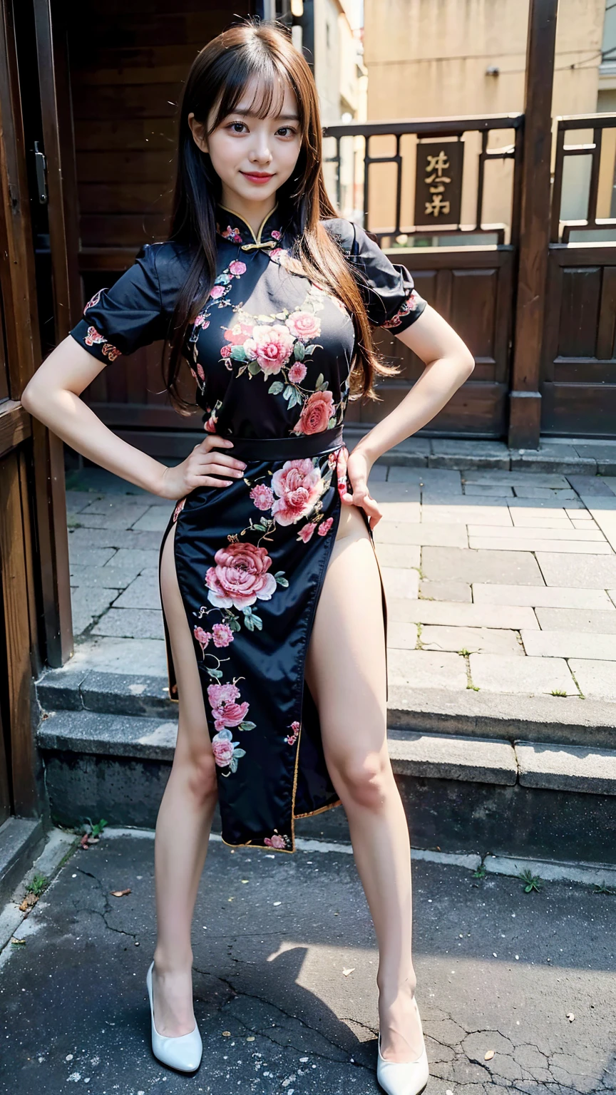 (8k、RAW Photos、Highest quality、masterpiece:1.2)、(Realistic、Realistic)、1 Girl、((China dress:1.2、Thin legs、whole body、View from the front、smile、Looking into the camera、Stand with hands on hips))、cute、Leg fetish erection images