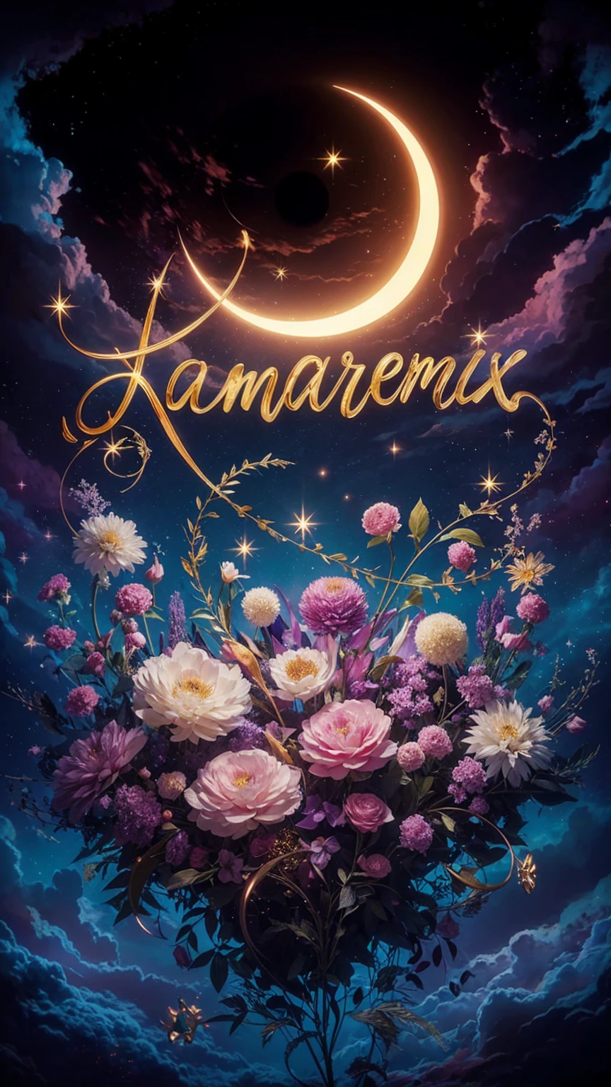 A breathtaking illustration of a celestial scene where the centerpiece is a gold script that spells out "Kamaremix." Each letter is accentuated by a unique, glowing star, creating a mesmerizing effect. A radiant crescent moon illuminates the night sky, showcasing a myriad of stars scattered throughout the dark expanse. Below this celestial canvas, a profusion of floating flowers in various shades of pink, white, and purple bloom, intertwining with golden vines and leaves. The overall color palette is dominated by deep blues, purples, and the warm glow of the moon and stars, creating a dreamy and enchanting atmosphere. The illustration combines elements of dark fantasy, vibrant colors, and cinematic flair for a truly captivating piece., typography, vibrant, cinematic, dark fantasy, illustration, photo