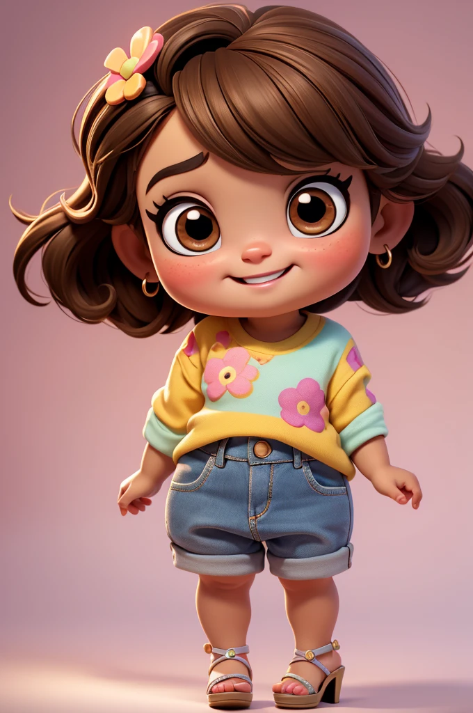 Baby girl cute chibi style, summer style, Linda, expressiva, Feliz, Sorriso lindo, bonito cabelos lisos, modelo profissional, 8k, perfect resolution, maquiagem, solid background, full body, full body, foot perfect,high heels, brown rainbow clothes