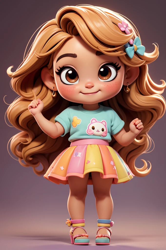 Baby girl cute chibi style, summer style, Linda, expressiva, Feliz, Sorriso lindo, bonito cabelos lisos, modelo profissional, 8k, perfect resolution, maquiagem, solid background, full body, full body, foot perfect,high heels, brown rainbow clothes
