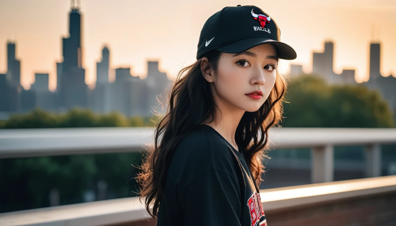 Black hair。Curly perm。Women with freckles。In the background, the evening sun shines on her hair.、background is blurry。Hiphop fashion。Chicago Bulls hat and Nike sneakers。whole body