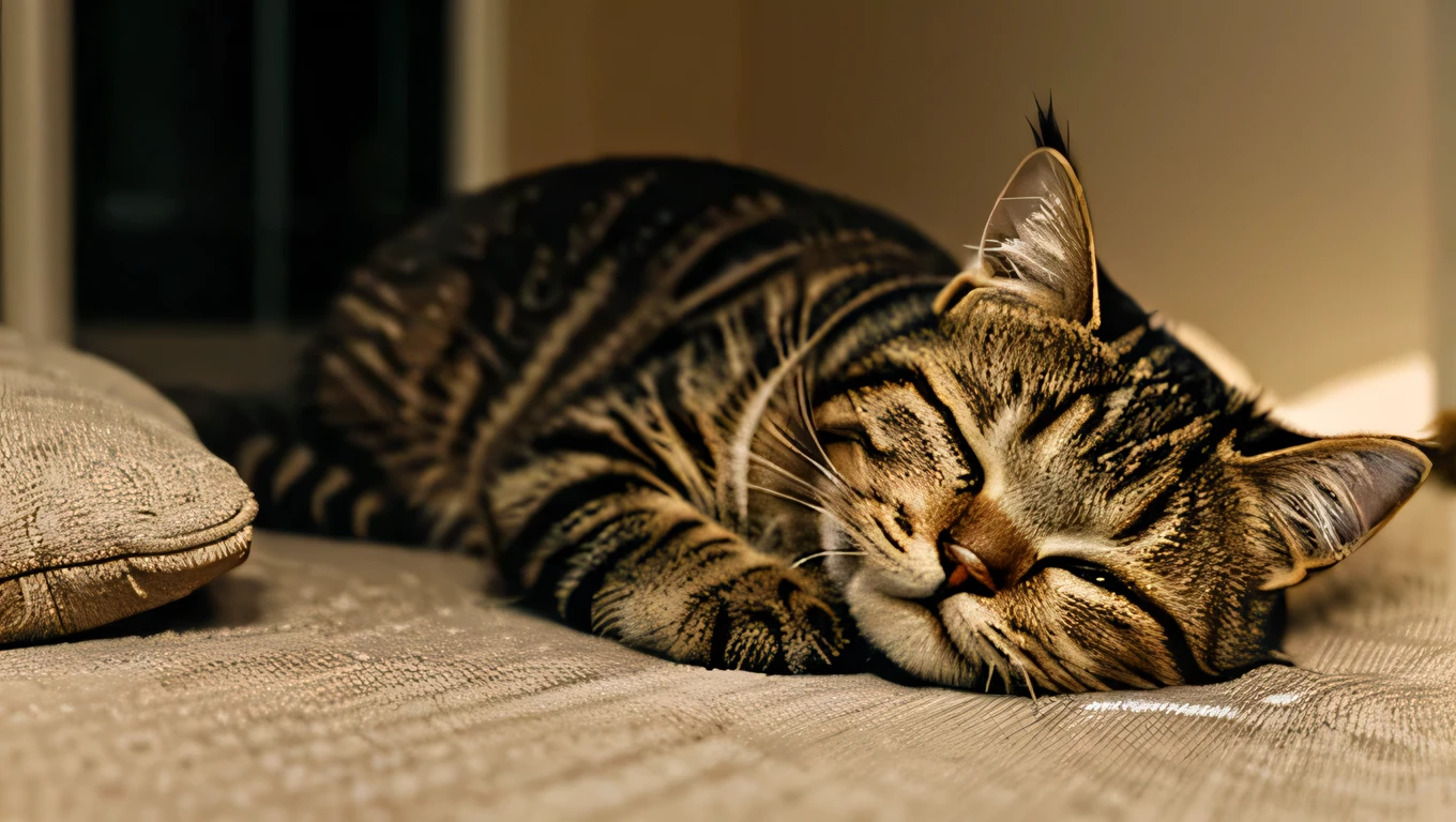 Very realistic animal photos,indoor,Home,night,Sense of atmosphere,An overhead shot of a cute tabby cat sleeping soundly with its legs in the air,Realistic animal hair,Capture cute pet tabby cat sleeping,female cat,