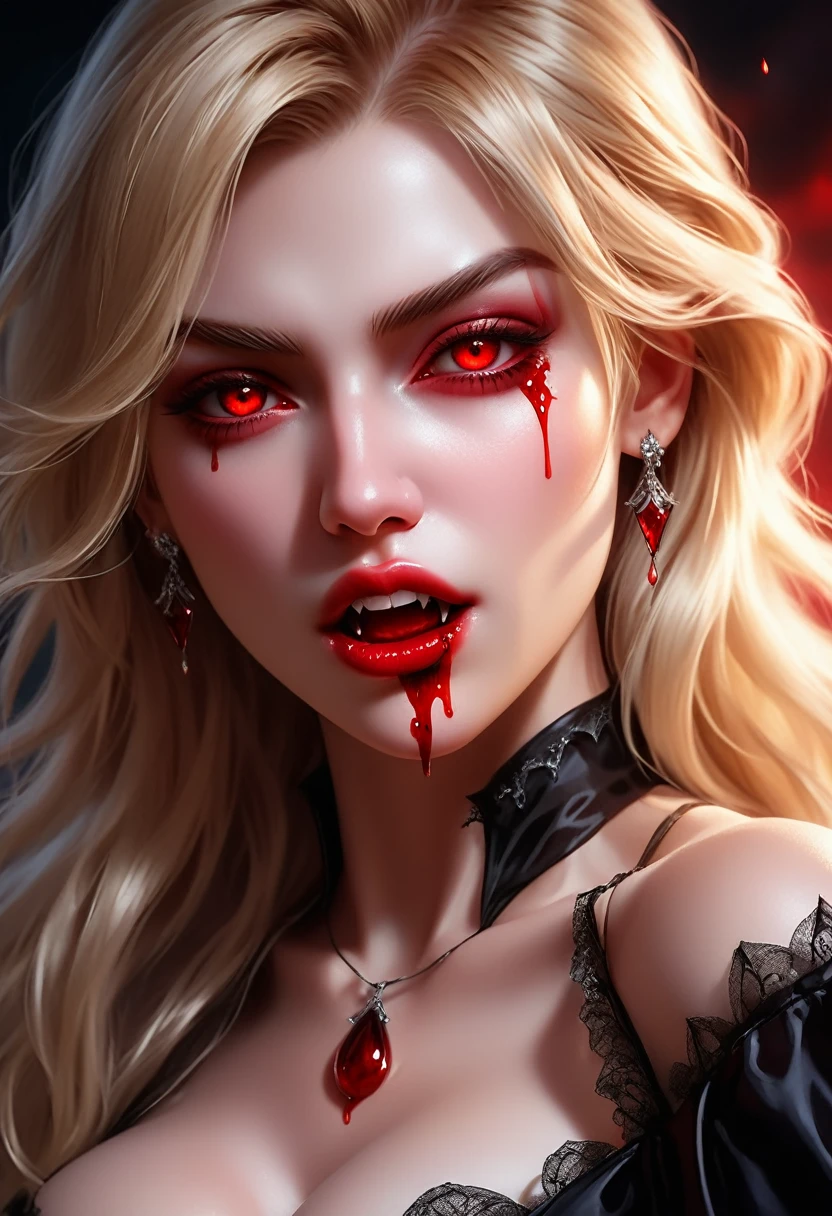 aa portrait of vampire with a bloody tear coming down from he eye, an exotic beautiful female vampire, blond hair color, dynamic hair style, ultra detailed face, best detailed face, silver eye color, ((1single red teardrop, teardrop made of blood coming down from the eye: 1.3)), small cleavage, wearing two black diamond earrings, Ultra-high resolution, High Contrast, (masterpiece:1.5), highest quality, Best aesthetics), 16K fantasy art, best details, best quality, highres, (ultra wide angle: 1.2), 16k, [ultra detailed], masterpiece, best quality, (extremely detailed), ladyshadow, magical sky, crying style, vampire teeth