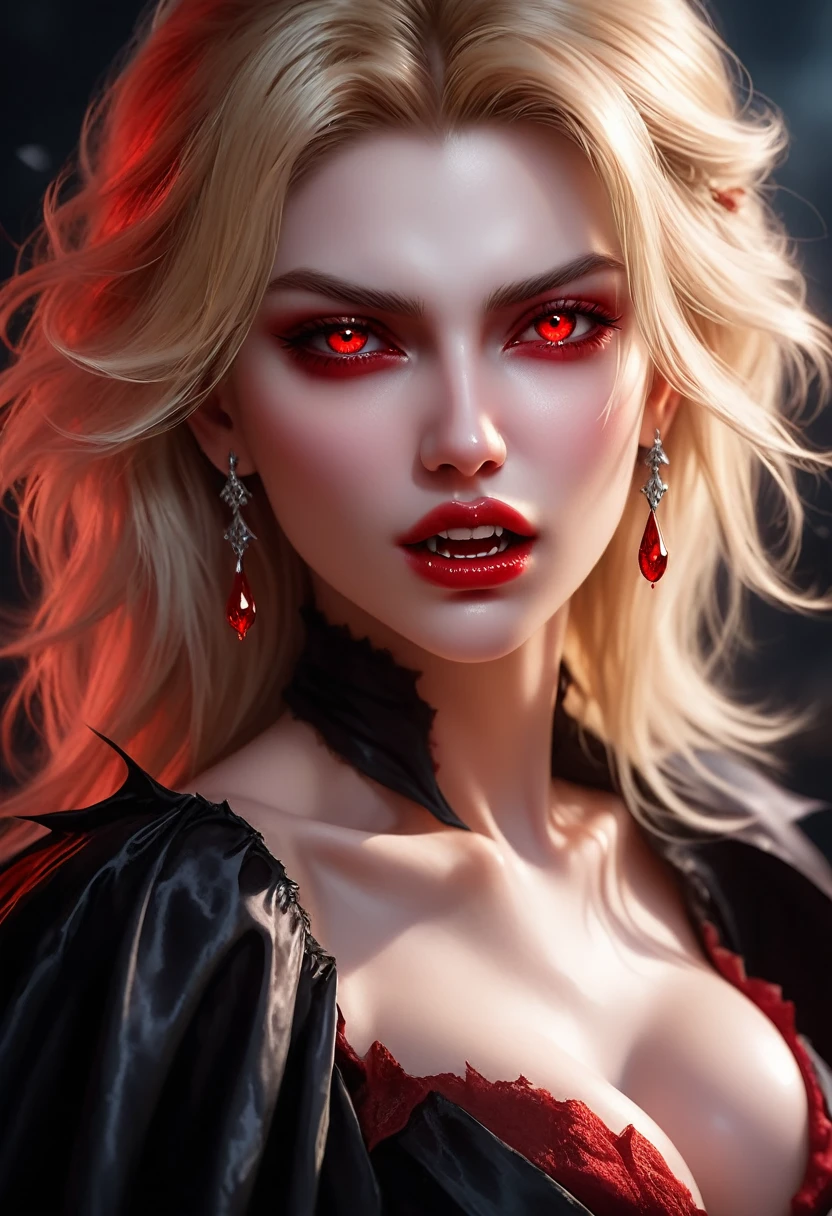 aa portrait of vampire with a bloody tear coming down from he eye, an exotic beautiful female vampire, blond hair color, dynamic hair style, ultra detailed face, best detailed face, silver eye color, ((1single red teardrop, teardrop made of blood coming down from the eye: 1.3)), small cleavage, wearing two black diamond earrings, Ultra-high resolution, High Contrast, (masterpiece:1.5), highest quality, Best aesthetics), 16K fantasy art, best details, best quality, highres, (ultra wide angle: 1.2), 16k, [ultra detailed], masterpiece, best quality, (extremely detailed), ladyshadow, magical sky, crying style, vampire teeth