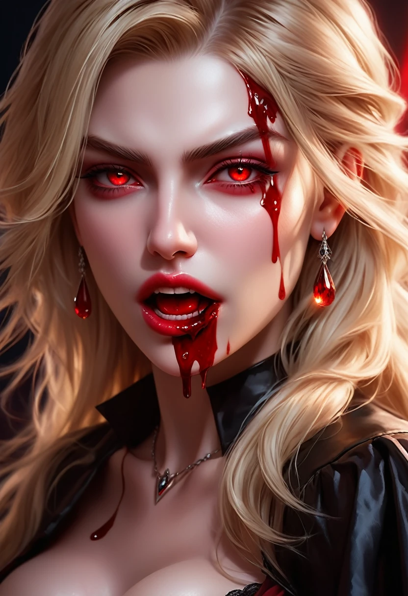 aa portrait of vampire with a bloody tear coming down from he eye, an exotic beautiful female vampire, blond hair color, dynamic hair style, ultra detailed face, best detailed face, silver eye color, ((1single red teardrop, teardrop made of blood coming down from the eye: 1.3)), small cleavage, wearing two black diamond earrings, Ultra-high resolution, High Contrast, (masterpiece:1.5), highest quality, Best aesthetics), 16K fantasy art, best details, best quality, highres, (ultra wide angle: 1.2), 16k, [ultra detailed], masterpiece, best quality, (extremely detailed), ladyshadow, magical sky, crying style, vampire teeth