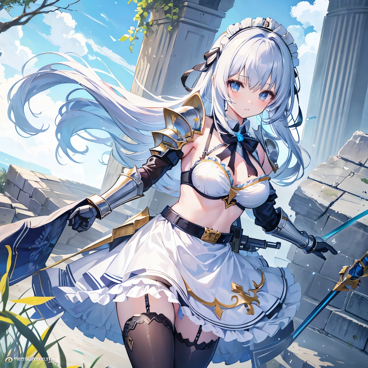 Anime maid girl clothes, bikini maid costume, paladin armor, fantasy armor, ((knight paladin armor)), light armor, knight armor, armor straps, tactical straps, battle camp, coliseum