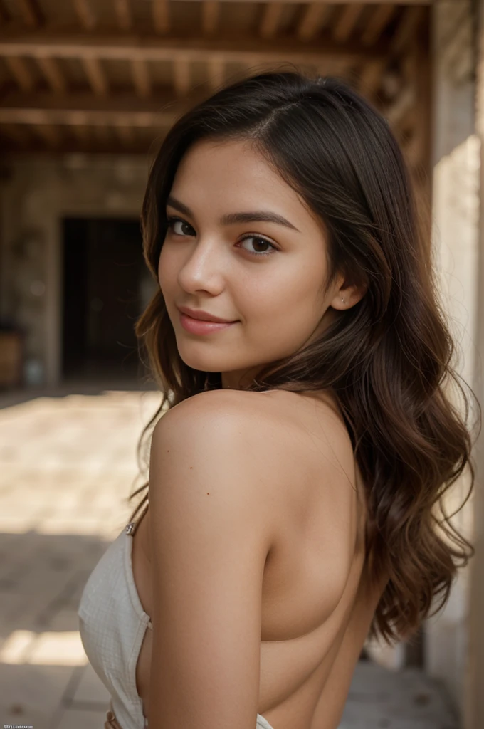A young woman with long, wavy, slightly dark brown hair. The curls are well defined, framing the face with a natural, vibrant accent. Fair complexion, with a slightly golden complexion, typical of the sunny regions of Colombia. Eyes: Light brown or black that adds a captivating accent to their appearance. Face: Oval, with soft and harmonious features. Her cheekbones are slightly smiling and she has a charming appearance. Age: Approximately 18 years old, exuding an aura of youth and vitality and looking as realistic as possible. Casual style. It should be as real as possible.
The buttocks are visible in the photo, they are shapely and attractive, the butt is slightly protruding but not excessively.