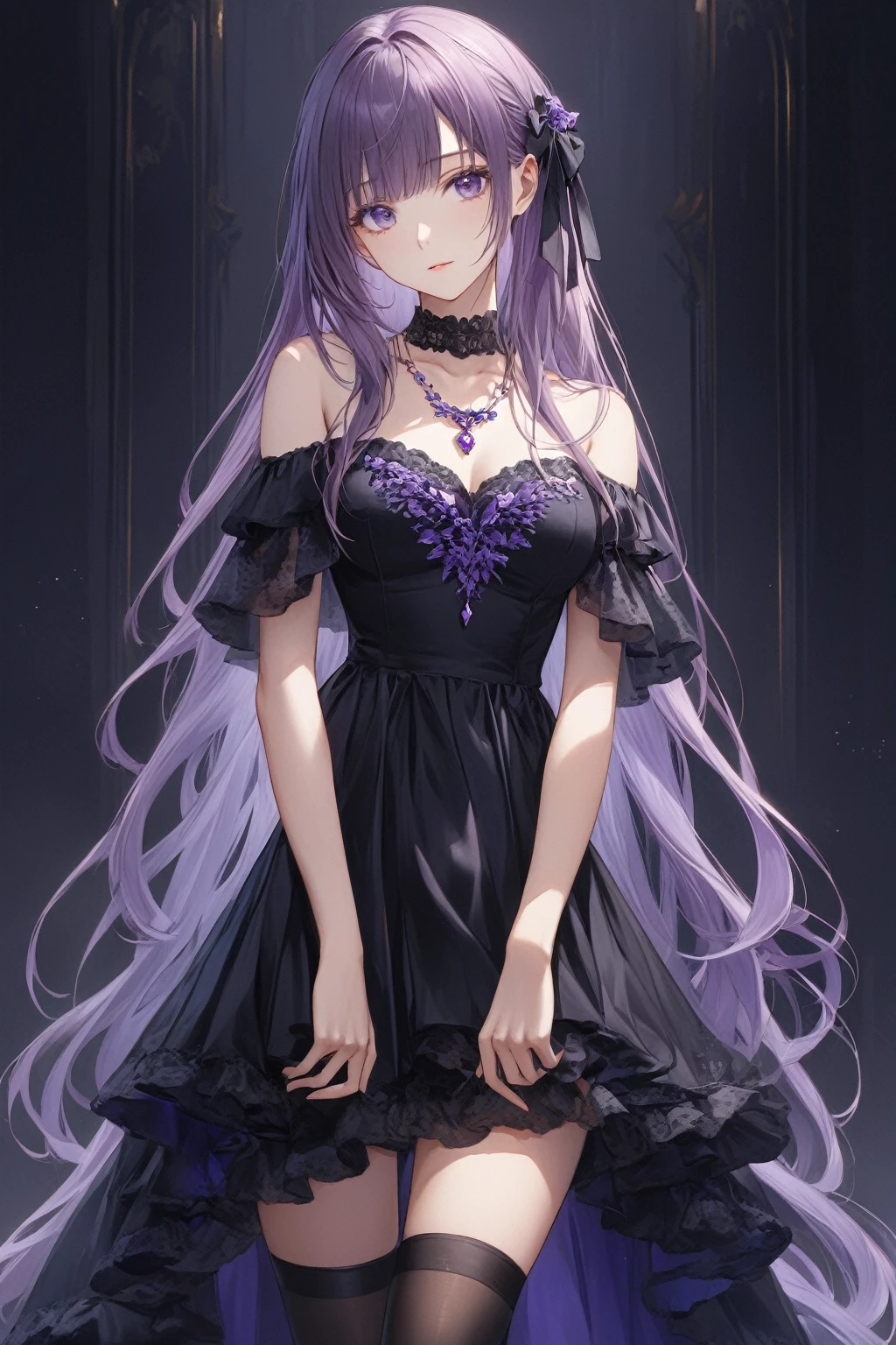 Off-shoulder dress, best quality, high resolution, 1 girl, Super high resolution, Solitary, stocking, Purple Eyes, , Long hair, Bangs,necklace