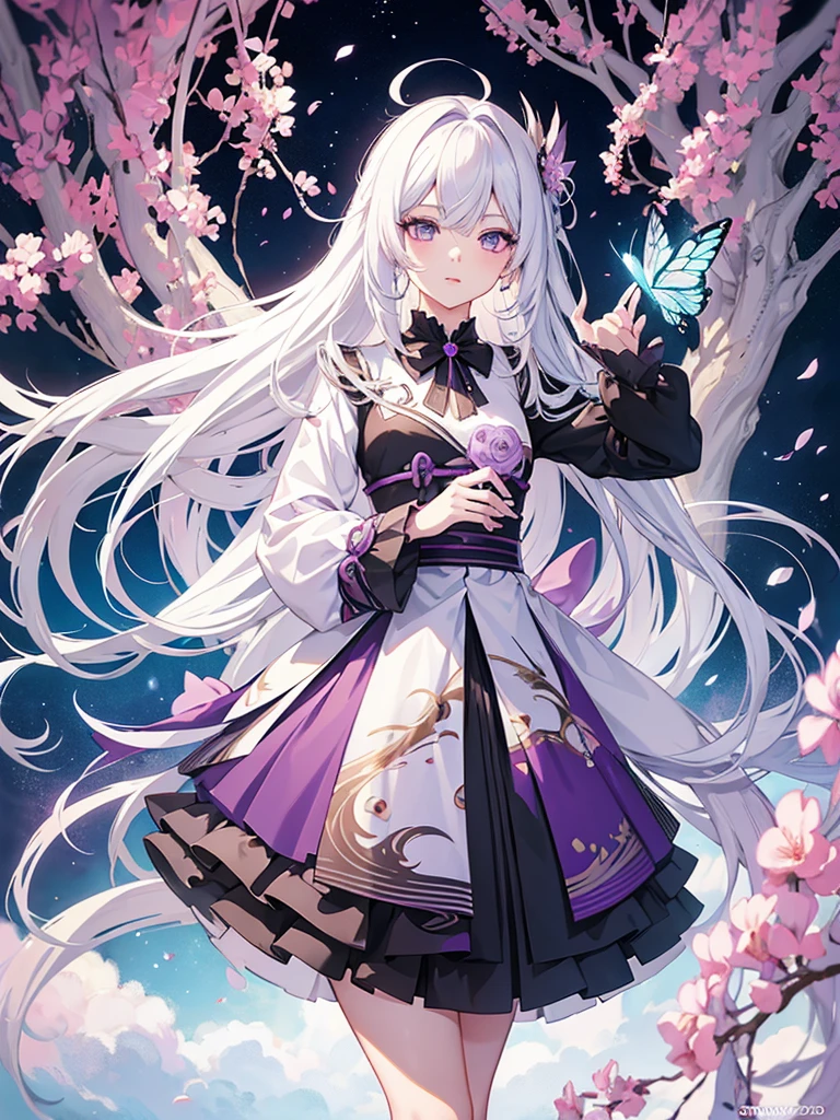 A detailed anime girl with white hair and purple-grey eyes, holding a butterfly, anime wallpaper, high quality anime art style, anime character, HD anime wallpaper, main anime art, beautiful anime art, clean and detailed anime character art, anime art style similar to Genshin Impact