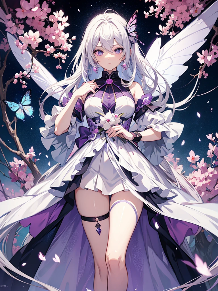 A detailed anime girl with white hair and purple-grey eyes, holding a butterfly, anime wallpaper, high quality anime art style, anime character, HD anime wallpaper, main anime art, beautiful anime art, clean and detailed anime character art, anime art style similar to Genshin Impact