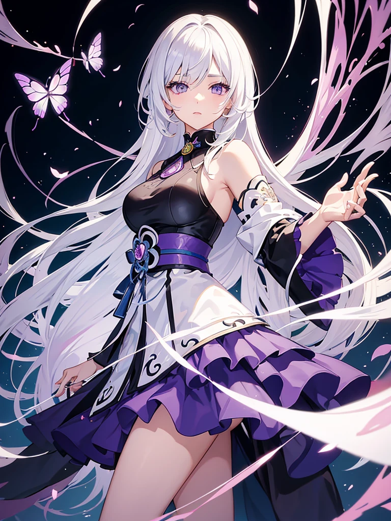 A detailed anime girl with white hair and purple-grey eyes, holding a butterfly, anime wallpaper, high quality anime art style, anime character, HD anime wallpaper, main anime art, beautiful anime art, clean and detailed anime character art, anime art style similar to Genshin Impact