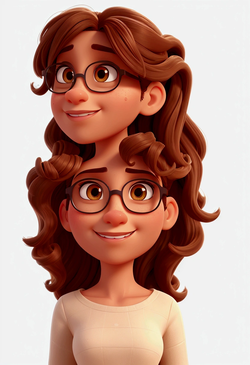 create a 3d pixar-style portrait image with a clean look and a white background of a 24 year old woman, brown skin, eyes browns, with gold-colored prescription glasses, very long brown curly hair