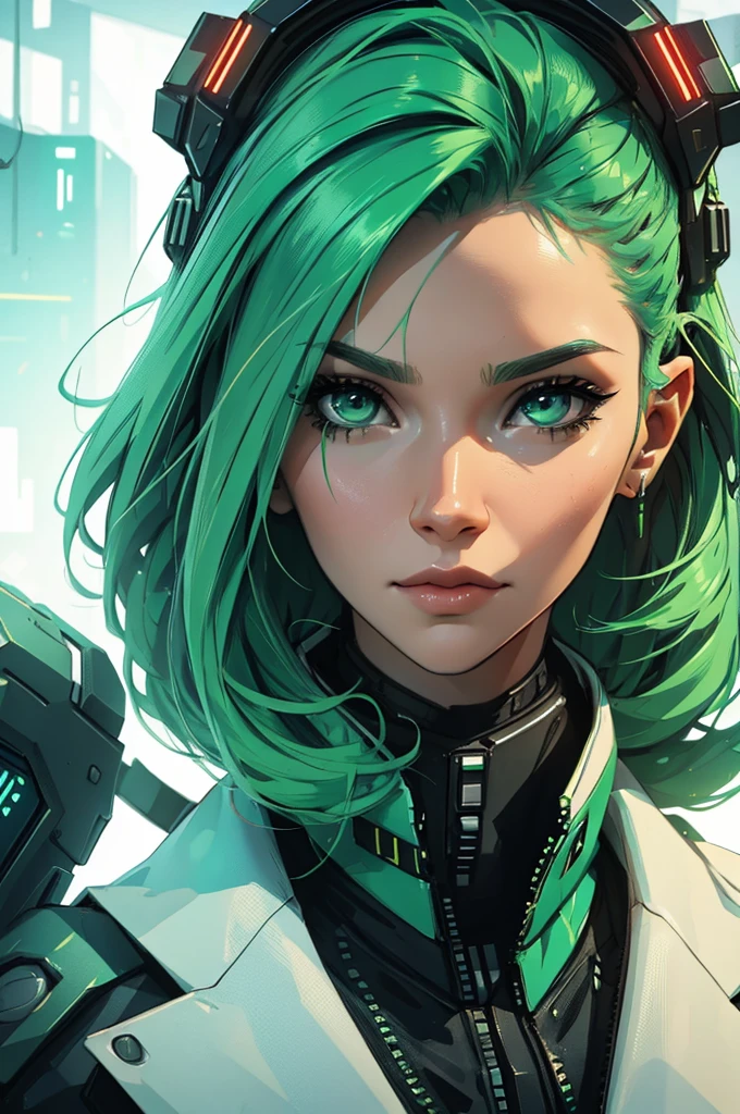 amazing green hair, female cyberpunk character scientist, portrait, face shot, close-up