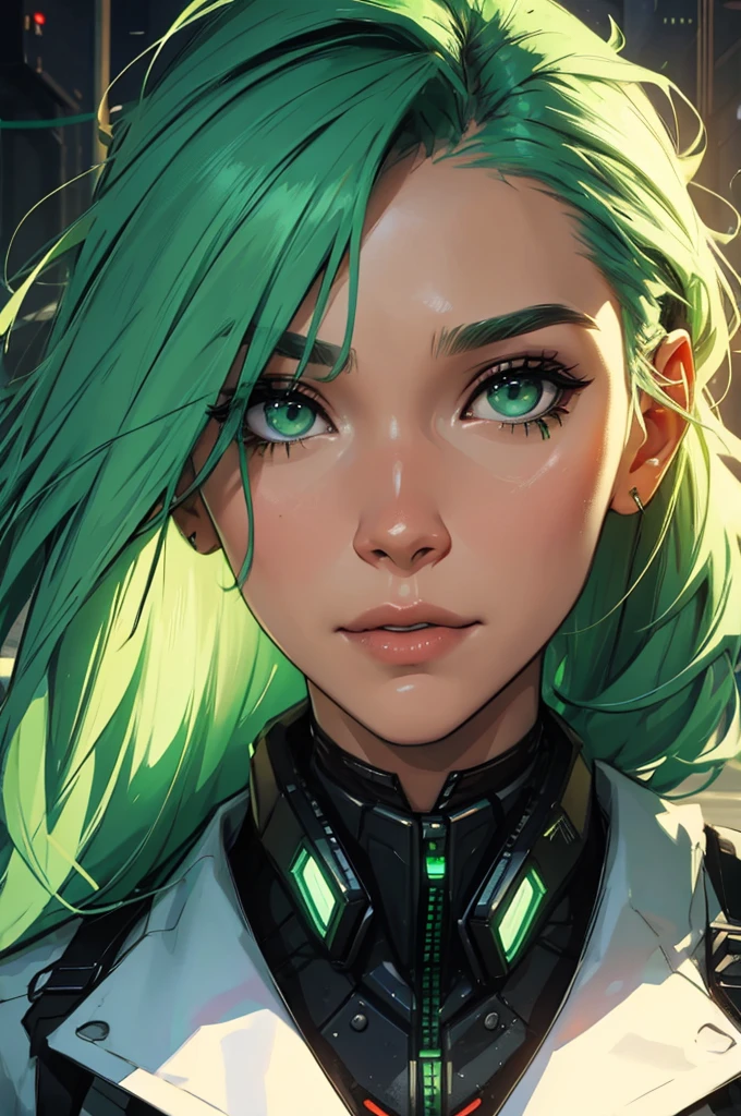 amazing green hair, female cyberpunk character scientist, portrait, face shot, close-up