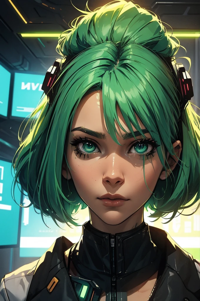 amazing green hair, female cyberpunk character scientist, portrait, face shot, close-up