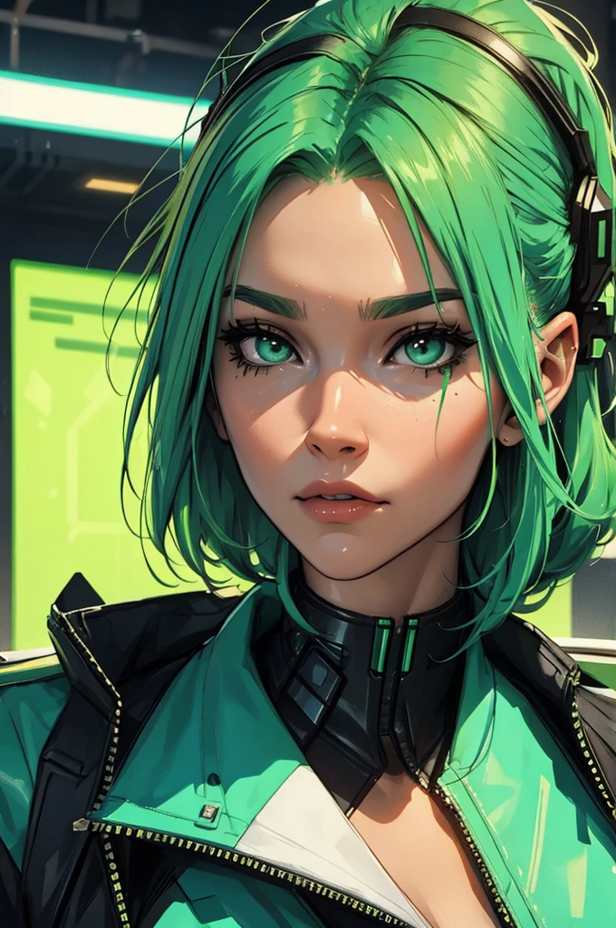 amazing green hair, female cyberpunk character scientist, portrait, face shot, close-up