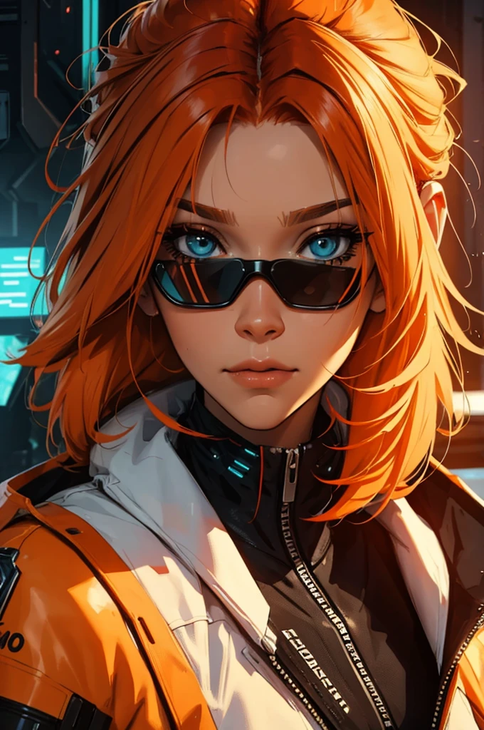 amazing orange hair, female cyberpunk character scientist, portrait, face shot, close-up