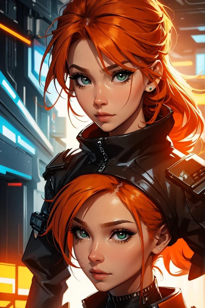 amazing orange hair, female cyberpunk character scientist, portrait, face shot, close-up