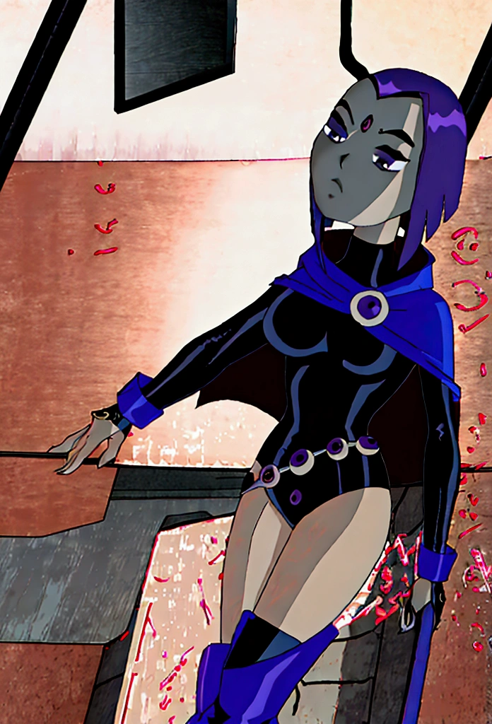 (holding pole:1.4),ShadRaven,,ass supportlips,black leotard,belt,blue cloak,grey skin,blue cape,purple hair,red forehead jewel,belt,raven \(dc\),(pole dancing pruple lights,cyberpunk,nightclub:1.2)