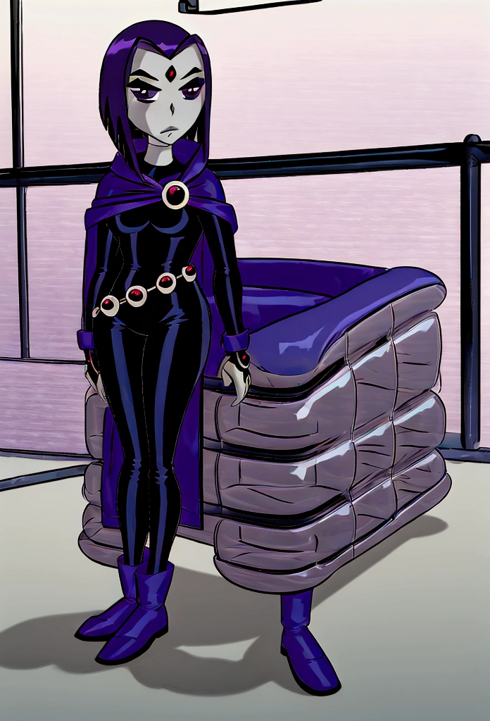 nsfw, raven, latex, latex raven, inflatable raven, inflatable sex doll, sex doll raven, raventt, 1girl, solo, grey skin, cape, purple hair, purple eyes, forehead jewel, short hair, leotard, looking at viewer, belt,boots
